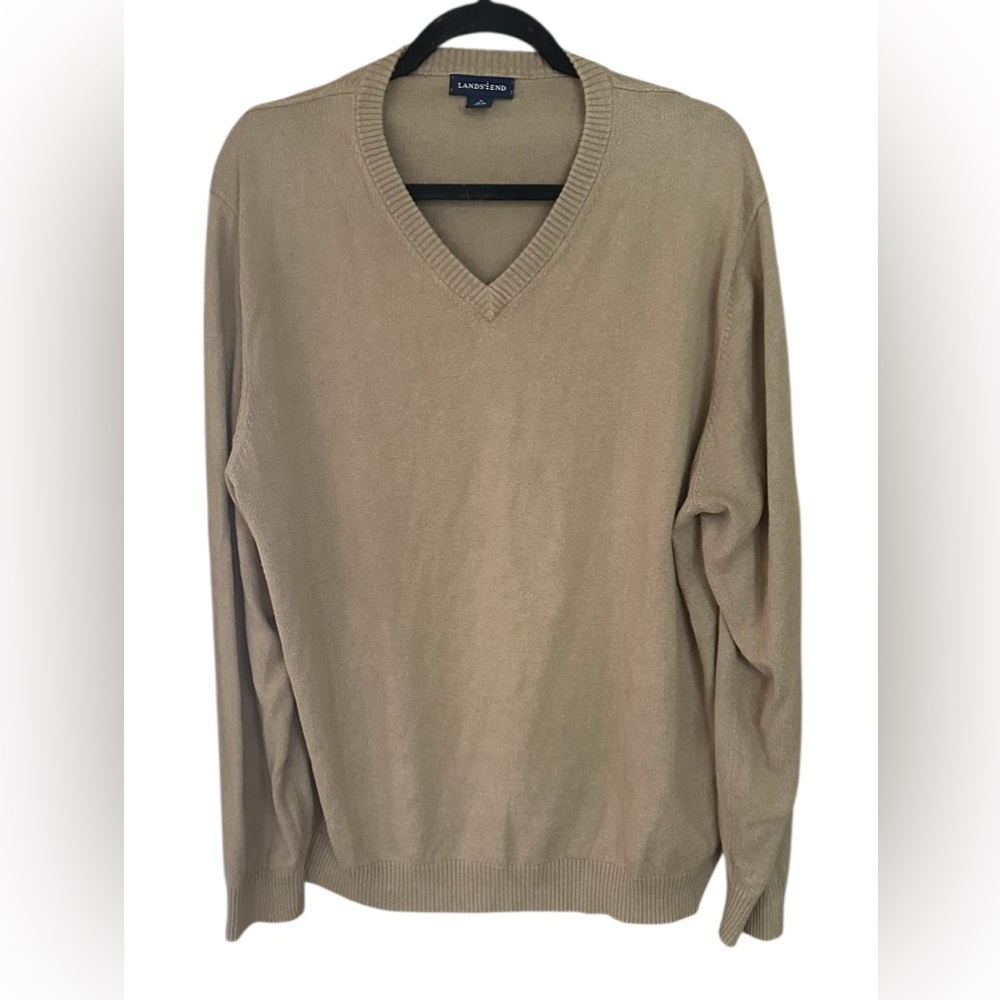 Lands’ End Men’s Cotton Cashmere V-Neck Sweater XL Tan Beige Classic Soft Knit